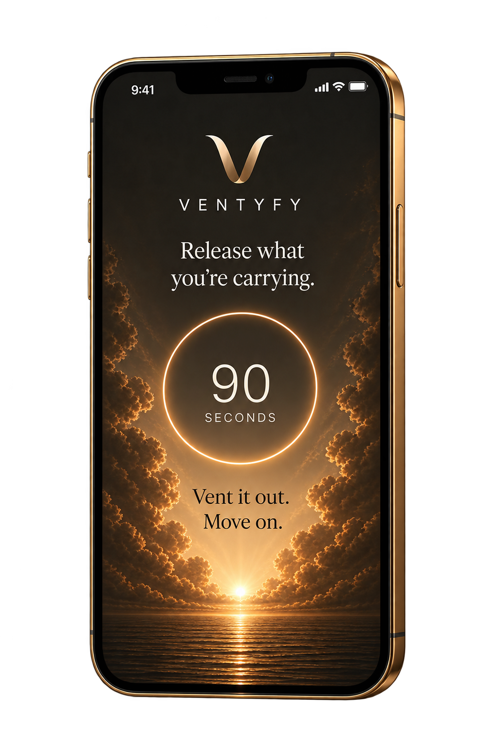 Ventyfy app preview: a glowing 90-second timer above clouds and a calm ocean, with the words Release what you’re carrying.